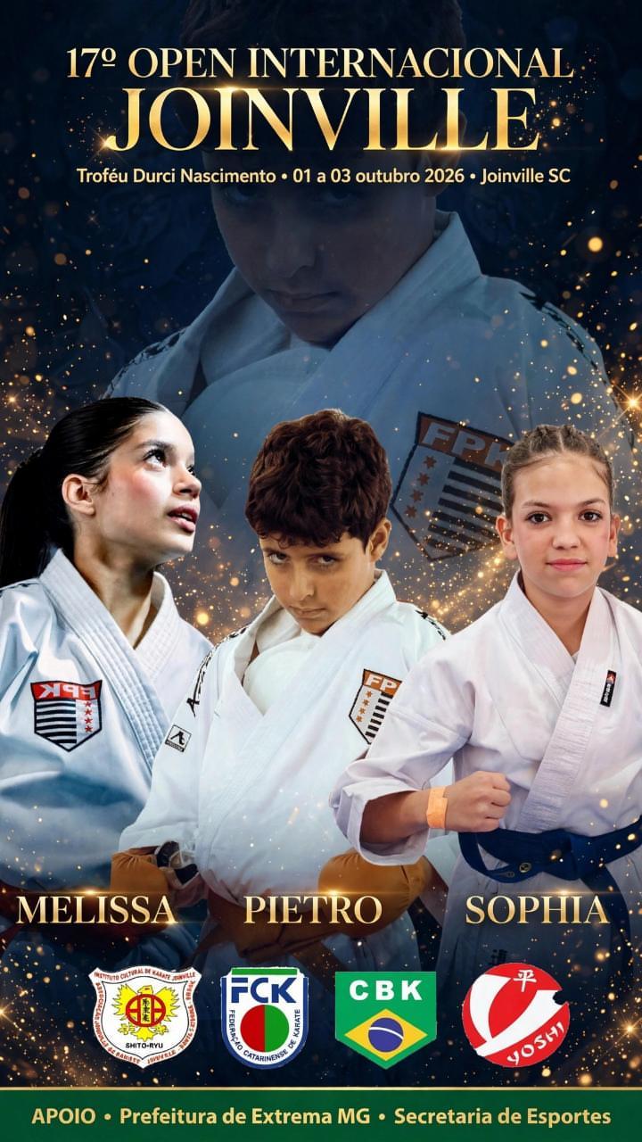 Arte de divulgação do 17º Open Internacional de Joinville com Melissa, Pietro e Sophia